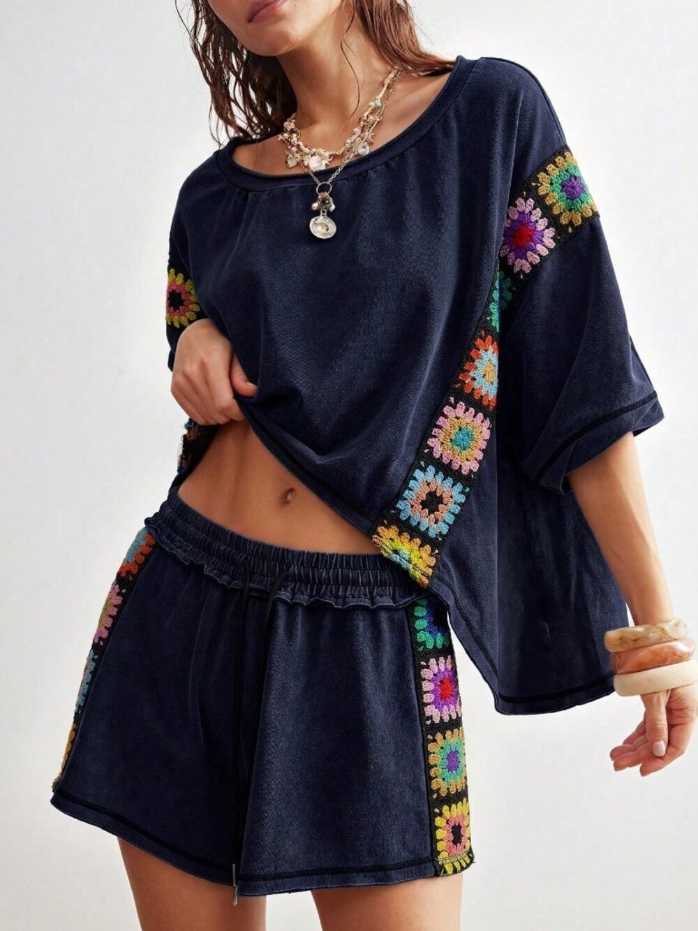 Navy Blue Casual Women's Knit Round Neck Loose Short Sleeve T-Shirt & Shorts - Picture 8 of 10